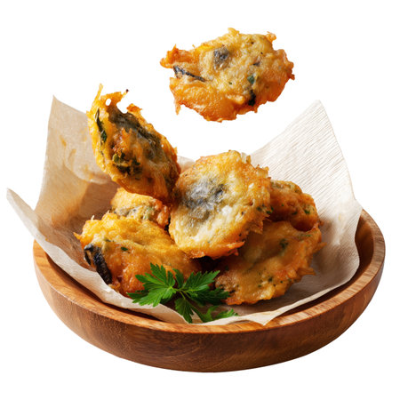 Whitebait potato fritters pan-fried patties served on wooden plate with parchment paper, isolated on white transparent background, concept of homemade New Zealand snackの素材