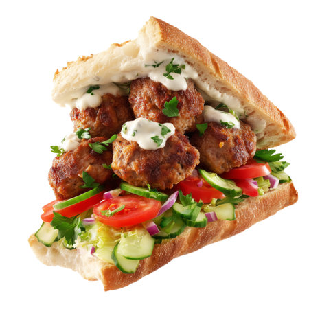 Tasty sandwich with meatballs, cucumber and tomato on white backgroundの素材