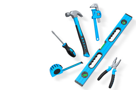 Various construction tools like hammer, pliers, screwdriver, and tape measure, isolated on white...
