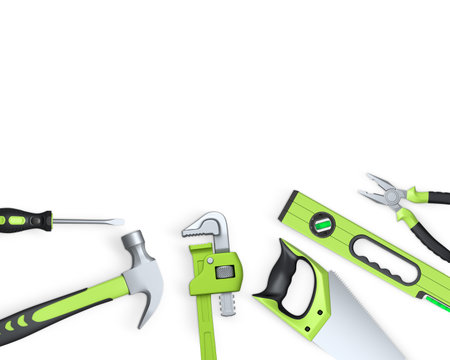 Various hand tools such as saw, screwdriver, hammer, wrench, pliers, and level isolated on white background with clipping path.の写真素材