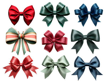 Set of crafted satin bows with tails, isolated on transparent white background, perfect for gift wrapping.の素材
