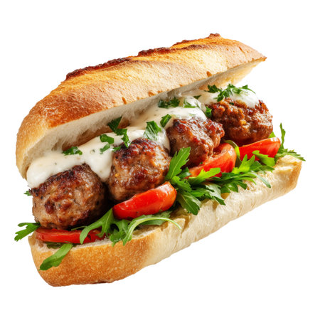 sandwich with meatballs and vegetables isolated on a white background.の素材