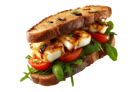 Grilled halloumi sandwich with cucumber, tomato, and mint leaves on rustic bread, isolated on white transparent background, concept of Modern Arabic lunch and street fast foodの素材