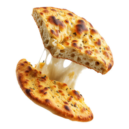 Chickpea flatbread with crispy golden brown texture isolated on white transparent background. Concept of traditional Argentina Faina foodの素材