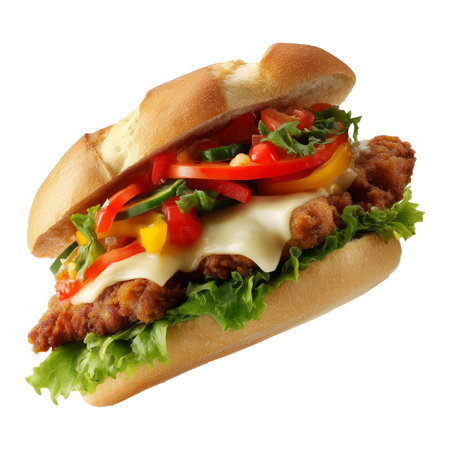sandwich with fried chicken and vegetables isolated on a white background.の素材