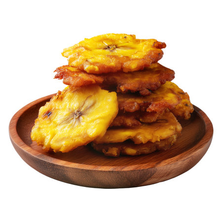 Colombia Patacones fried green plantains slices served with a fresh onion and cheese salad in a rustic wooden bowl , isolated on white transparent background, tropical fast food conceptの素材