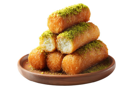 Traditional Middle Eastern Kunafa dessert cubes filled with cream and topped with ground pistachios on wooden plate isolated on white transparent background, concept of traditional sweetsの素材