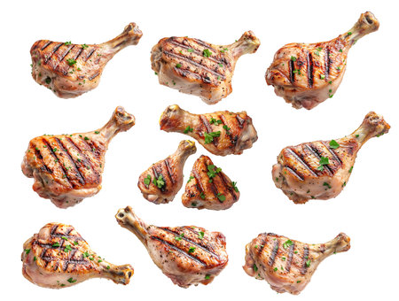 Set of Grilled chicken drumsticks thigh seasoned with spices and herbs, isolated on white transparent background. Concept of delicious roasted foodの素材