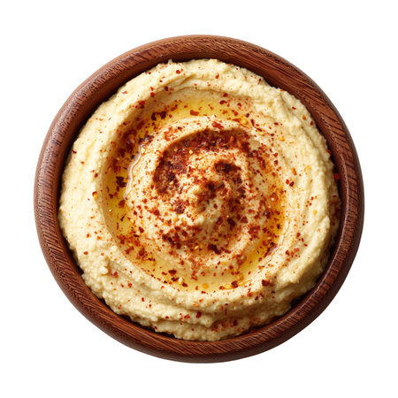 Creamy hummus garnished with olive oil, chili flakes, and mint leaves in wooden bowl, isolated on white transparent background, concept of healthy foodの素材