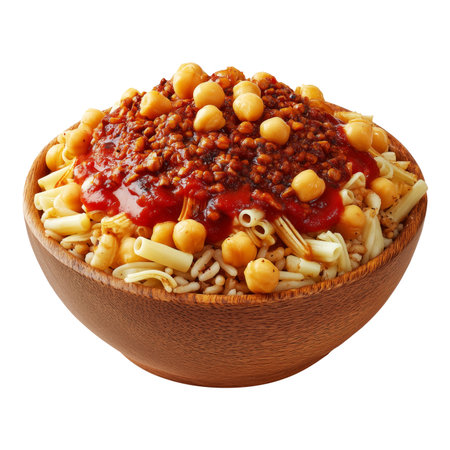 Koshari Egyptian street-style layered dish spaghetti topped with chickpea tomato sauce and herbs in wooden bowl, isolated on white transparent background, concept of healthy mealの素材