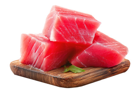 Tuna sashimi on wooden cutting board isolated on white backgroundの素材