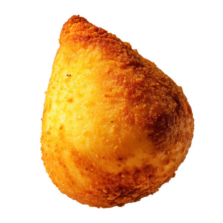 Fried Brazilian coxinha cone snack filled shredded chicken cheese with golden crispy texture isolated on white transparent background, concept of traditional street foodの素材