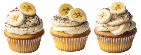 Delicious banana cupcake topped with cream frosting, banana slices, and chocolate flakes isolated on white transparent background, concept of dessertの素材