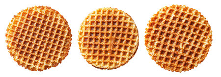 Caramel stroopwafel with crisp texture shown from top view isolated on white transparent background, representing sweet snack conceptの素材