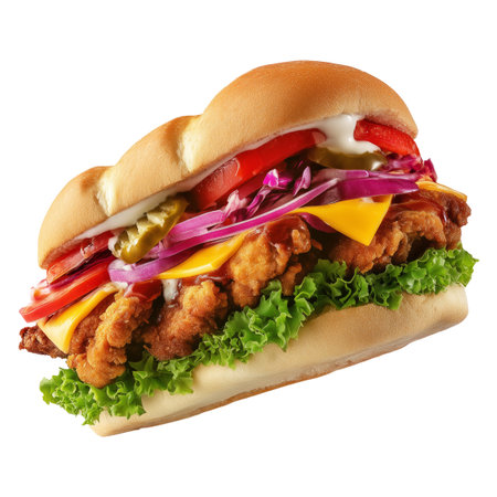 Chicken burger isolated on white background with clipping path. Fast food.の素材