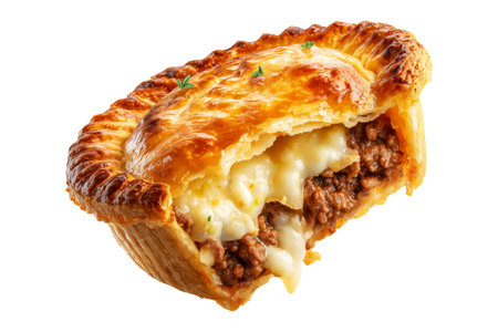 Mince and cheese pie with golden brown crust, mashed potato and melted cheese topping, isolated on white transparent background, concept of New Zealand fast foodの素材