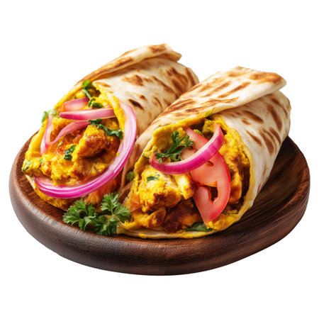 Tortilla wrap with chicken and vegetables isolated on white background.の素材