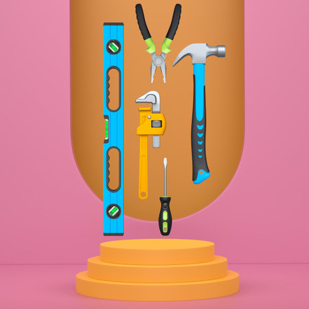 Various construction tools and safety equipment floating over podium on abstract background, representing industrial work and protection conceptの写真素材