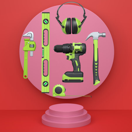 Various construction tools and safety equipment floating over podium on abstract background,...