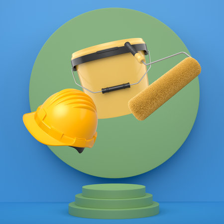 Hard hat, paint bucket and roller brush floating in air over podium on abstract background, symbolizing renovation and construction toolsの写真素材