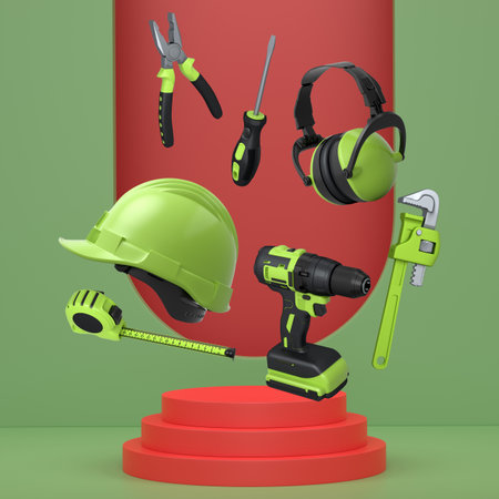 Various construction tools and safety equipment floating over podium on abstract background, representing industrial work and protection conceptの写真素材
