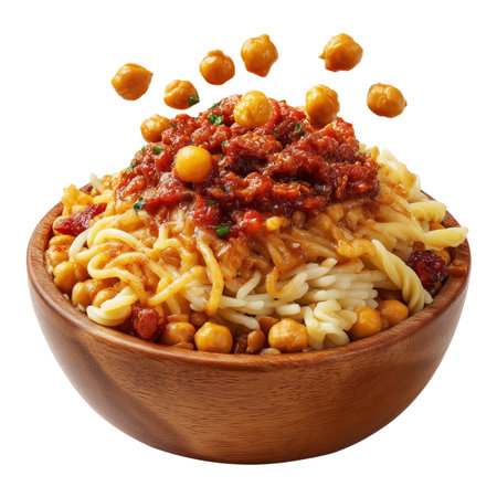 Koshari Egyptian street-style layered dish spaghetti topped with chickpea tomato sauce and herbs in wooden bowl, isolated on white transparent background, concept of healthy mealの素材