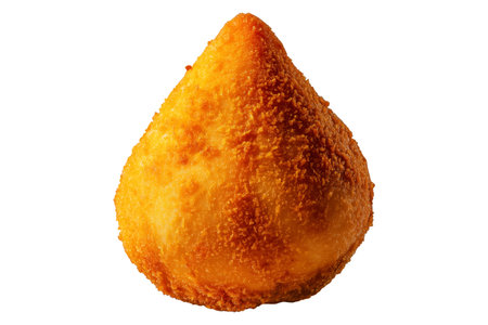 Fried Brazilian coxinha cone snack filled shredded chicken cheese with golden crispy texture isolated on white transparent background, concept of traditional street foodの素材