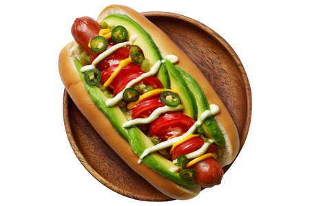 Completo hot dog topped with avocado, tomato, jalapenos, mustard and mayo on wooden plate, isolated on white transparent background, concept of gourmet fast foodの素材