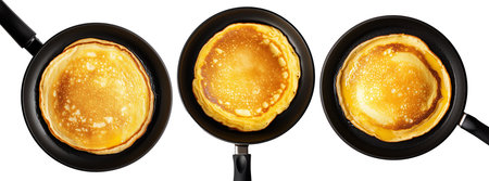 Golden Old-Fashioned Pancakes in a black non-stick frying pan, isolated from above on a white transparent background. Concept of homemade breakfastの素材