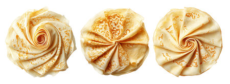 Stack of folded golden crepes arranged in a circular swirl pattern, isolated on white transparent background, concept of homemade foodの素材