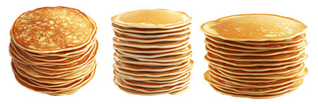 Fluffy stack of golden brown pancakes, isolated on white transparent background. Concept of breakfast, bakery, and homemade foodの素材