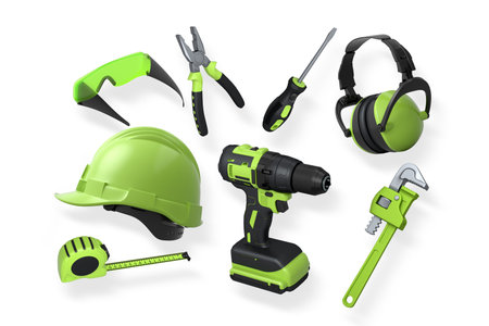 Construction tools and safety equipment isolated on white background with clipping path. Concept of work safety and building toolsの写真素材