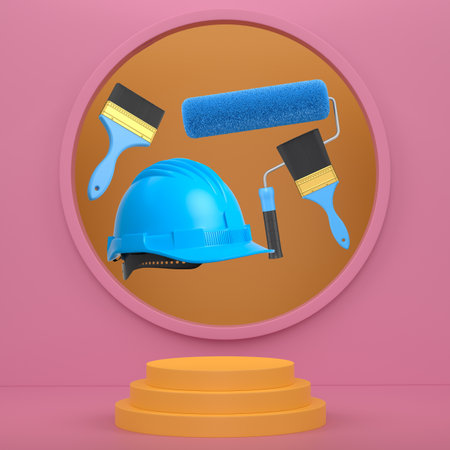 Hard hat, paint brushes and roller brush floating in air over podium on abstract background, symbolizing renovation and construction toolsの写真素材