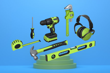 Various construction tools and safety equipment floating over podium on abstract background,...