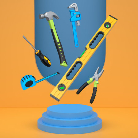 Various construction tools and safety equipment floating over podium on abstract background,...