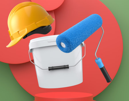 Hard hat, paint bucket and roller brush floating in air over podium on abstract background, symbolizing renovation and construction toolsの写真素材