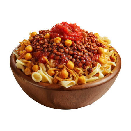 Koshari Egyptian street-style layered dish spaghetti topped with chickpea tomato sauce and herbs in wooden bowl, isolated on white transparent background, concept of healthy mealの素材