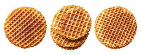 Caramel stroopwafel with crisp texture shown from top view isolated on white transparent background, representing sweet snack conceptの素材
