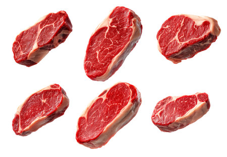 Set of of fresh pork chop cut isolated on white background, showcasing texture and quality.の素材