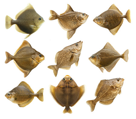 Set of fish Flatfish featuring intricate spotted gold scales, detailed texture, isolated on white transparent background. Concept of aquatic beauty and marine lifeの写真素材
