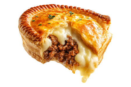Mince and cheese pie with golden brown crust, mashed potato and melted cheese topping, isolated on white transparent background, concept of New Zealand fast foodの素材
