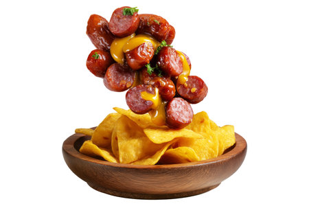 Tasty French fries topped with sausages, jalapeno slices and melted cheese isolated on white background. Concept of Peru fast foodの素材