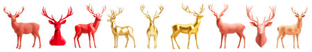 Red deer figure with antlers isolated on white background, representing minimalism and charm of Christmas spiritの素材