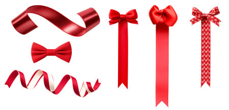 Various red satin and fabric bows and ribbons in different shapes and textures isolated on white backgroundの素材