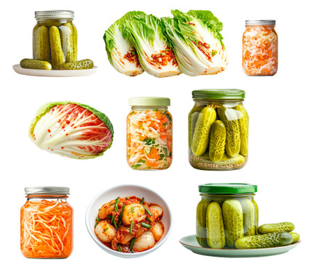Crisp bok choy lettuce as kimchi, shredded cabbage or sauerkraut cabbage and pickled cucumbers isolated on white transparent background.の素材