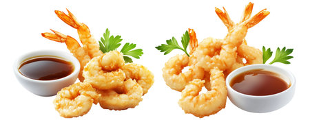 Golden fried shrimp tempura garnished with black sesame seeds, served with soy sauce in a bowl isolated on white transparent backgroundの素材
