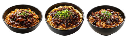 Bowl of Jajangmyeon noodles with beef in blackbean sauce, topped with scallions and sesame seeds, isolated on white background, concept of Asian cuisineの素材