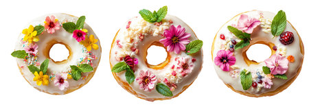 Donut with white glaze decorated with colorful edible flowers and mint leaves, isolated on a white background.の素材