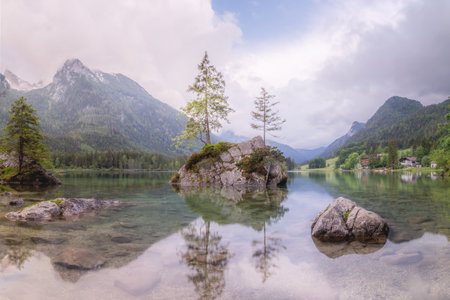 Mountain landscape and view of beautiful Hintersee lake in Berchtesgaden National Park, Upper Bavarian Alps, Germany, Europe. Beauty of nature concept background.の写真素材