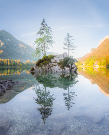 Mountain landscape and view of beautiful Hintersee lake in Berchtesgaden National Park, Upper Bavarian Alps, Germany, Europe. Beauty of nature concept background.の写真素材